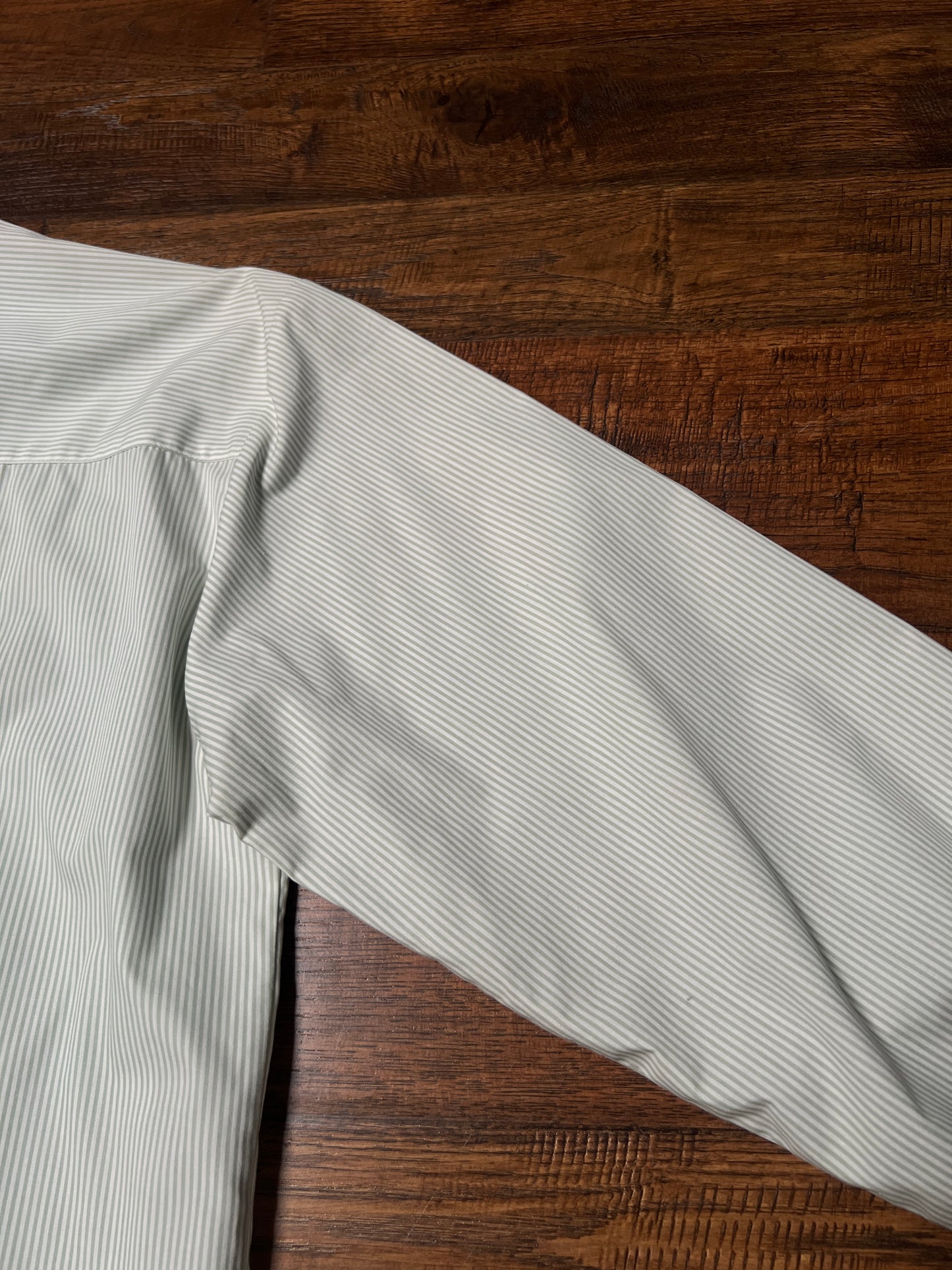 Vintage Koret Francisca Cotton Blend Blouse – Green Pinstripe Floral Embroidery – Medium