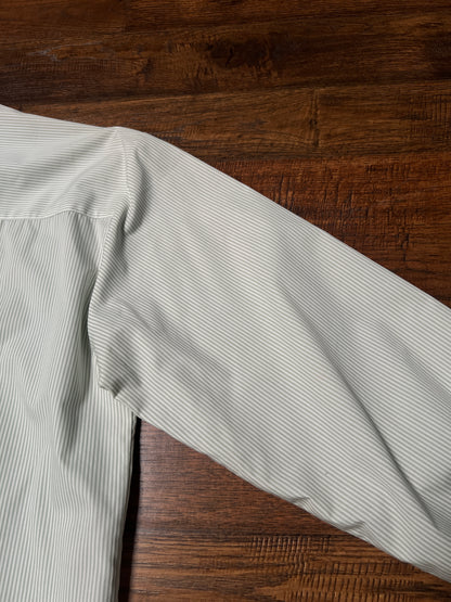 Vintage Koret Francisca Cotton Blend Blouse – Green Pinstripe Floral Embroidery – Medium