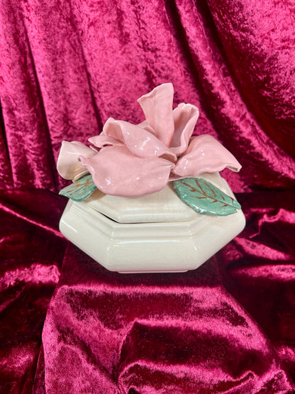 Vintage Trinket Dish - Ceramic - Giant Pink Rose - Chipped