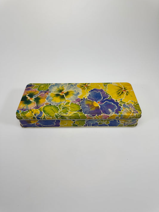 Vintage Floral Tea Tin Box - Yellow Purple Green Flowers - Pencil Holder