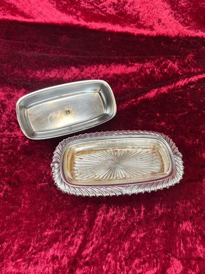 Vintage Kitchen - Covered Butter Dish - Silver Metal with Glass Insert - Ornate Edging