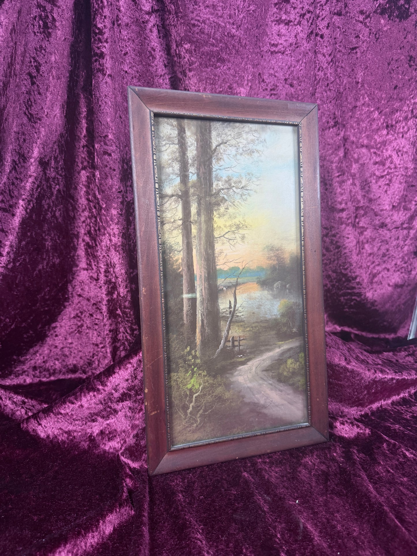 Antique Framed Chalk Pastel Landscape – Signed Woodland Lake Sunset