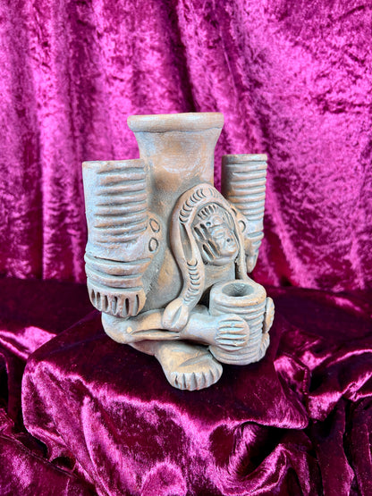 Vintage Oddities - Altar Candelabra - Red Clay Mayan / Aztec Deity Effigy