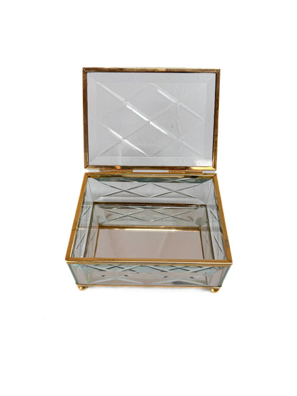 Vintage Jewelry Box - Pillow Cut Beveled Glass - Mirrored Bottom - Brass Feet