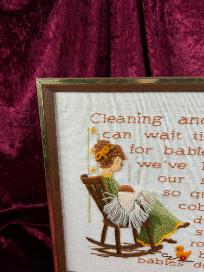 Vintage Framed Crewel Embroidery Wall Art - Babies Don't Keep Needlework - Sunset Designs 1977