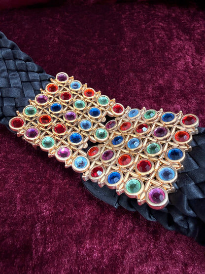 Vintage Accessories - Rainbow Gemstone Belt Buckle on Woven Black Belt - 27”