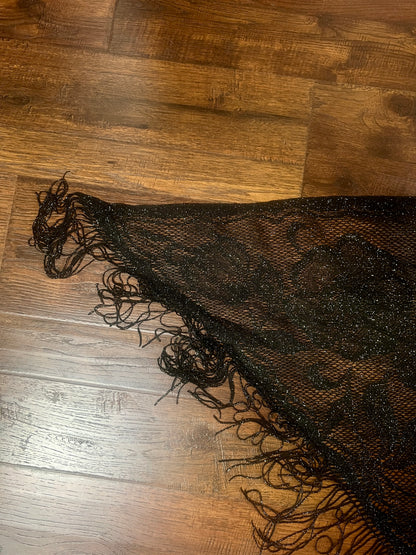 Vintage Metallic Net Shawl - Black Gold Floral Lace Fringe Triangle Wrap