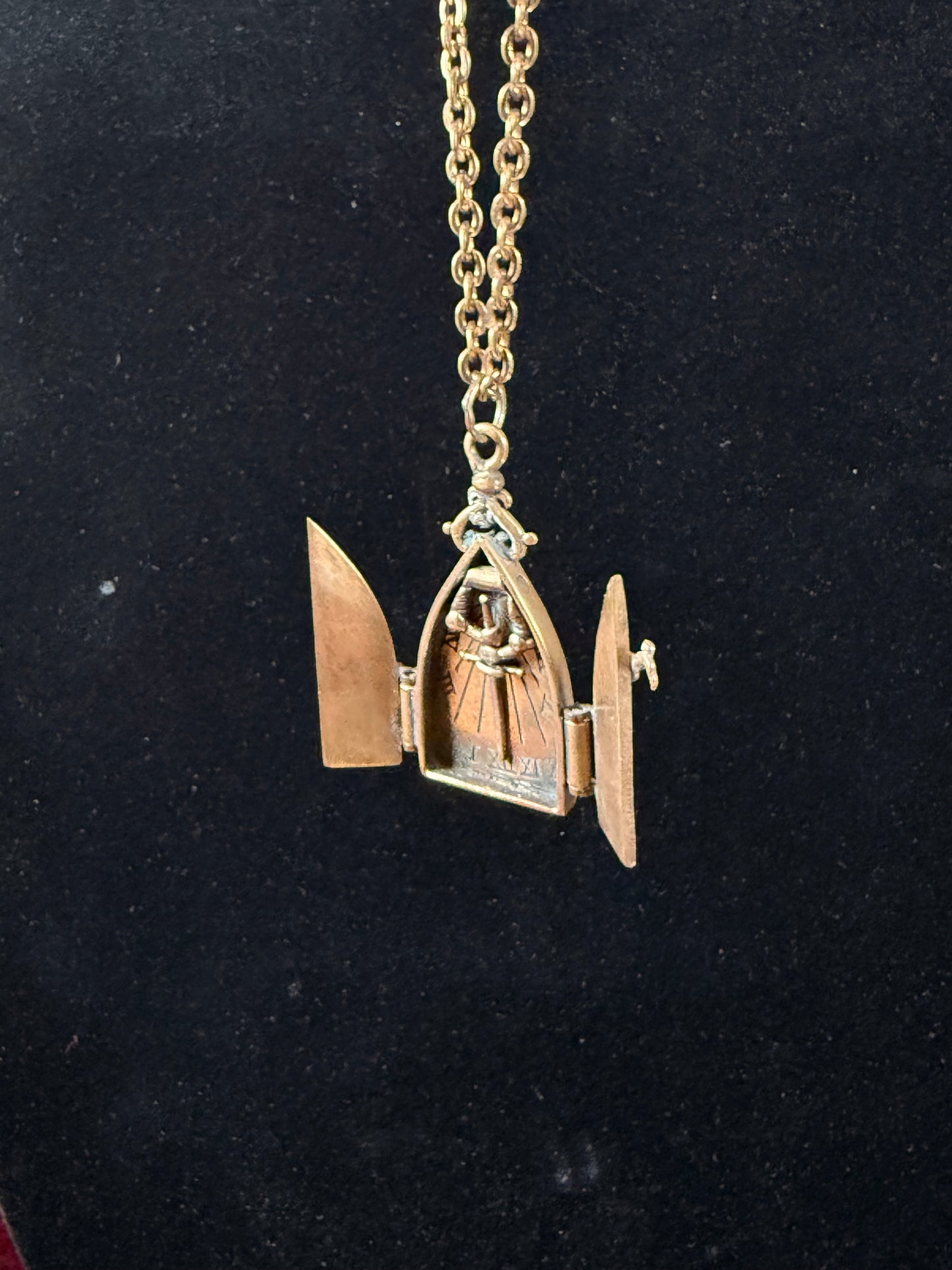 Vintage Jewelry - Brass Gothic Locket - Hinged Doors with Sword Against Time