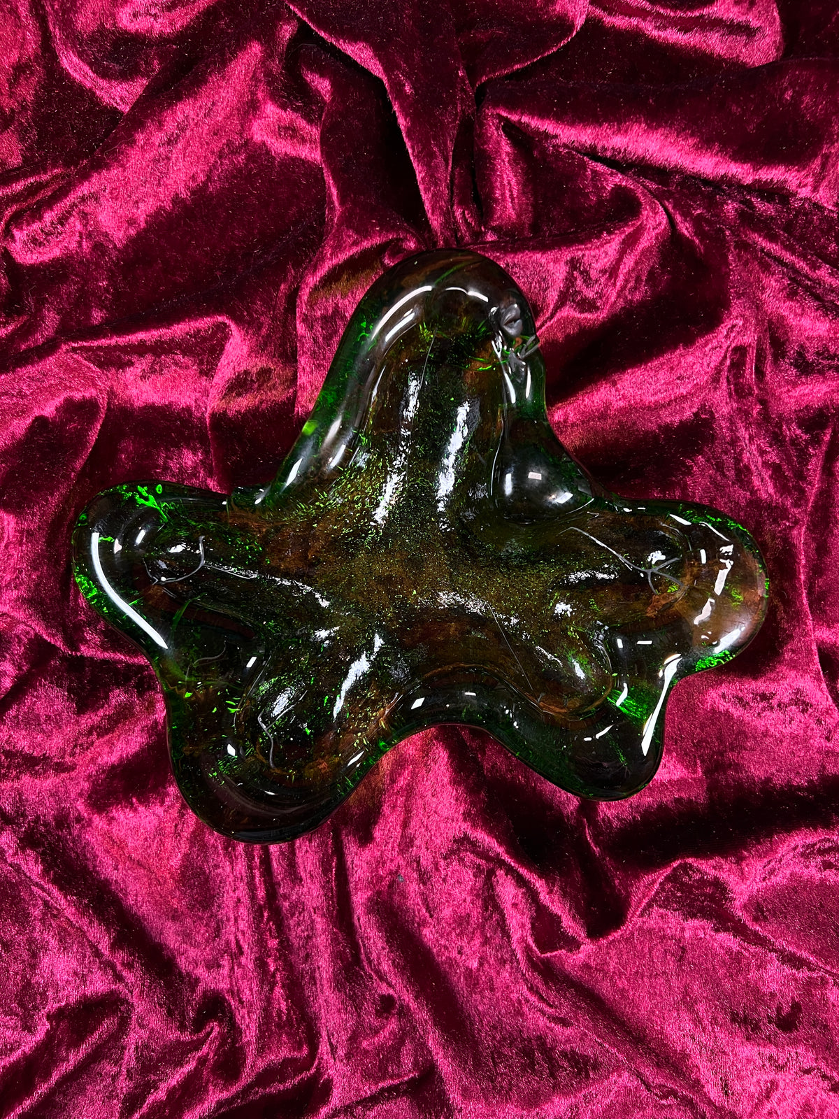 Vintage Blenko Handblown Ashtray - Green Amoeba Freeform Art Glass Trinket Dish