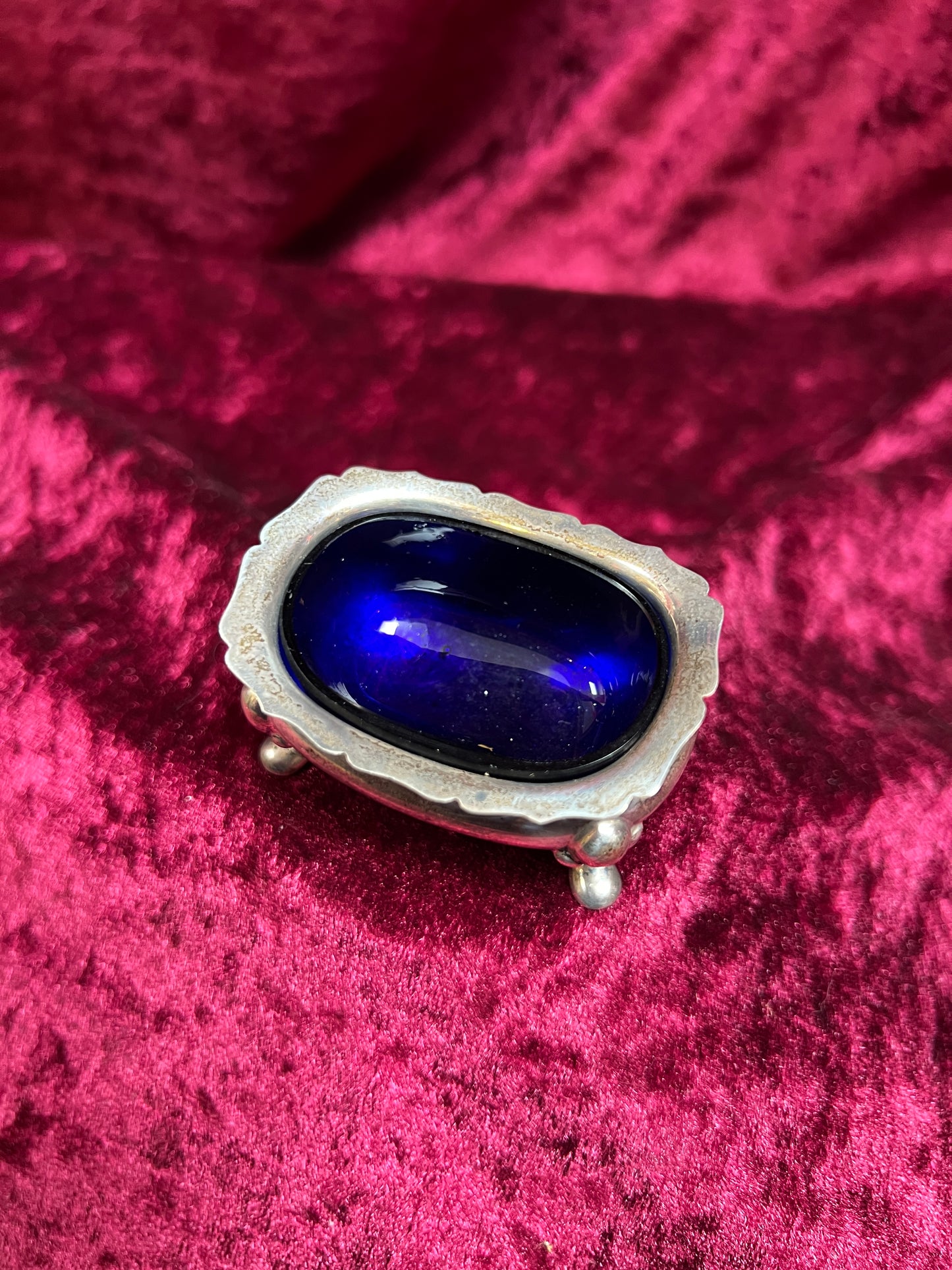 Vintage Kitchen - Footed Salt Cellar with Cobalt Blue Glass Insert - Sterling Silver - Hardy Bros - England