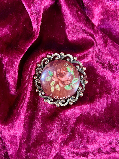 Vintage Jewelry - Brooch - Hand Painted Rose on Gold Tone Frame - F. Chaney