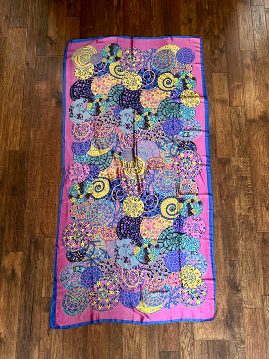Vintage Hermes Long 100% Silk Scarf - Reves d'Escargot Snails' Dream Pink and Blue Design