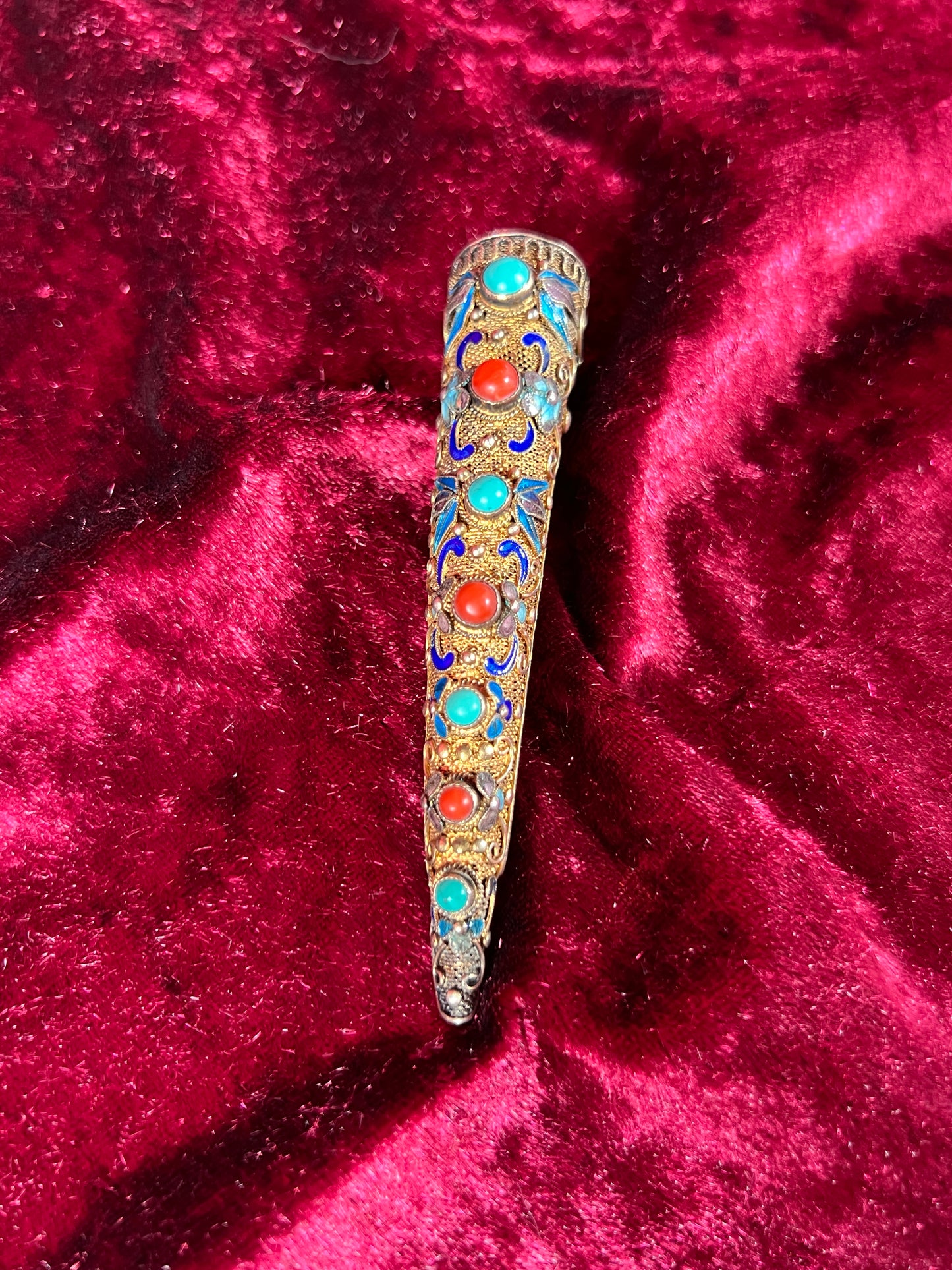 Antique Jewelry - Brooch - Chinese Finger Nail Guard - Plated Sterling Silver, Turquoise, Coral, and Enamel