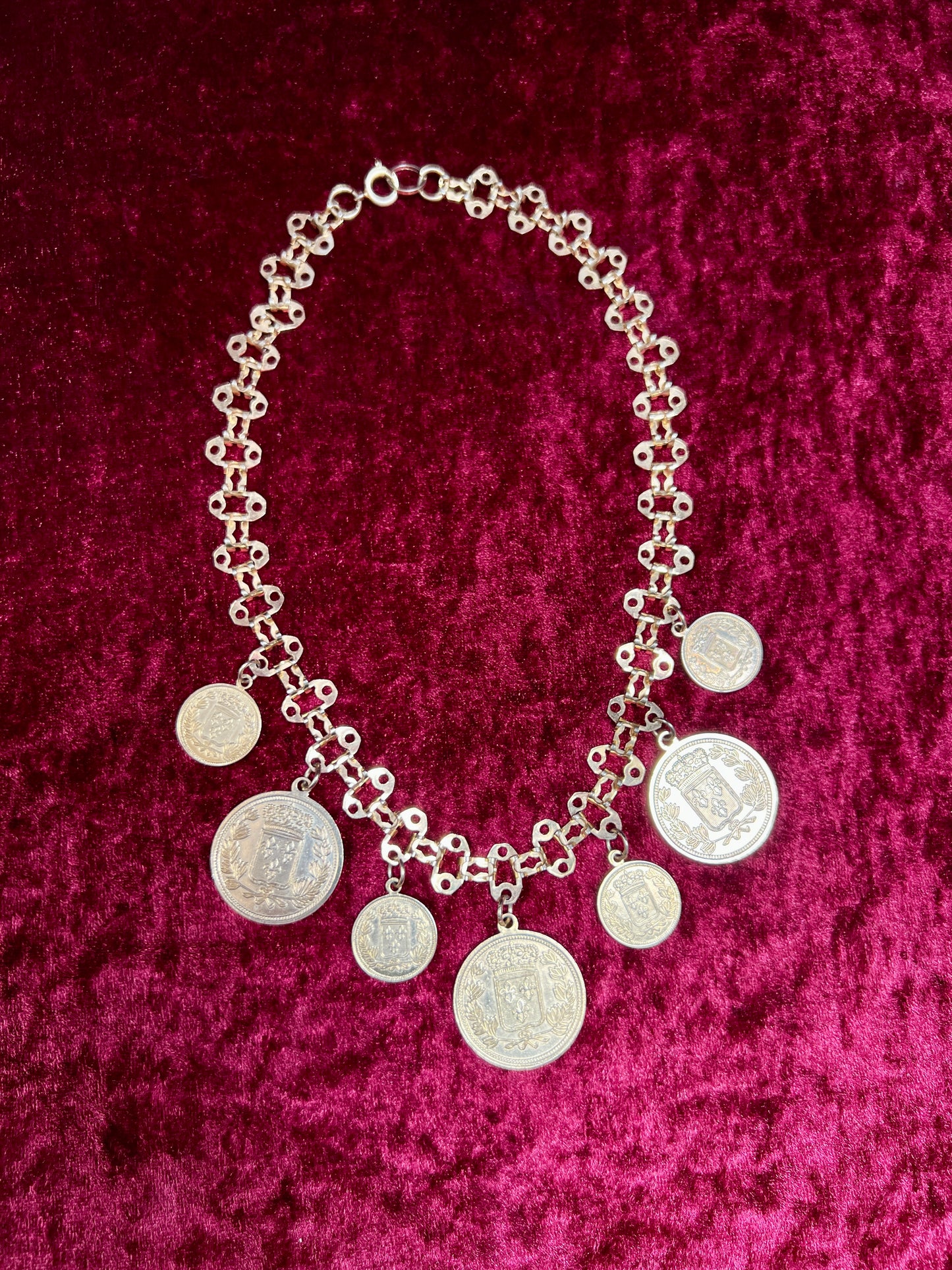 Vintage Jewelry - Reversible Necklace - Gold Tone Republique Francaise Coins - 17.5"