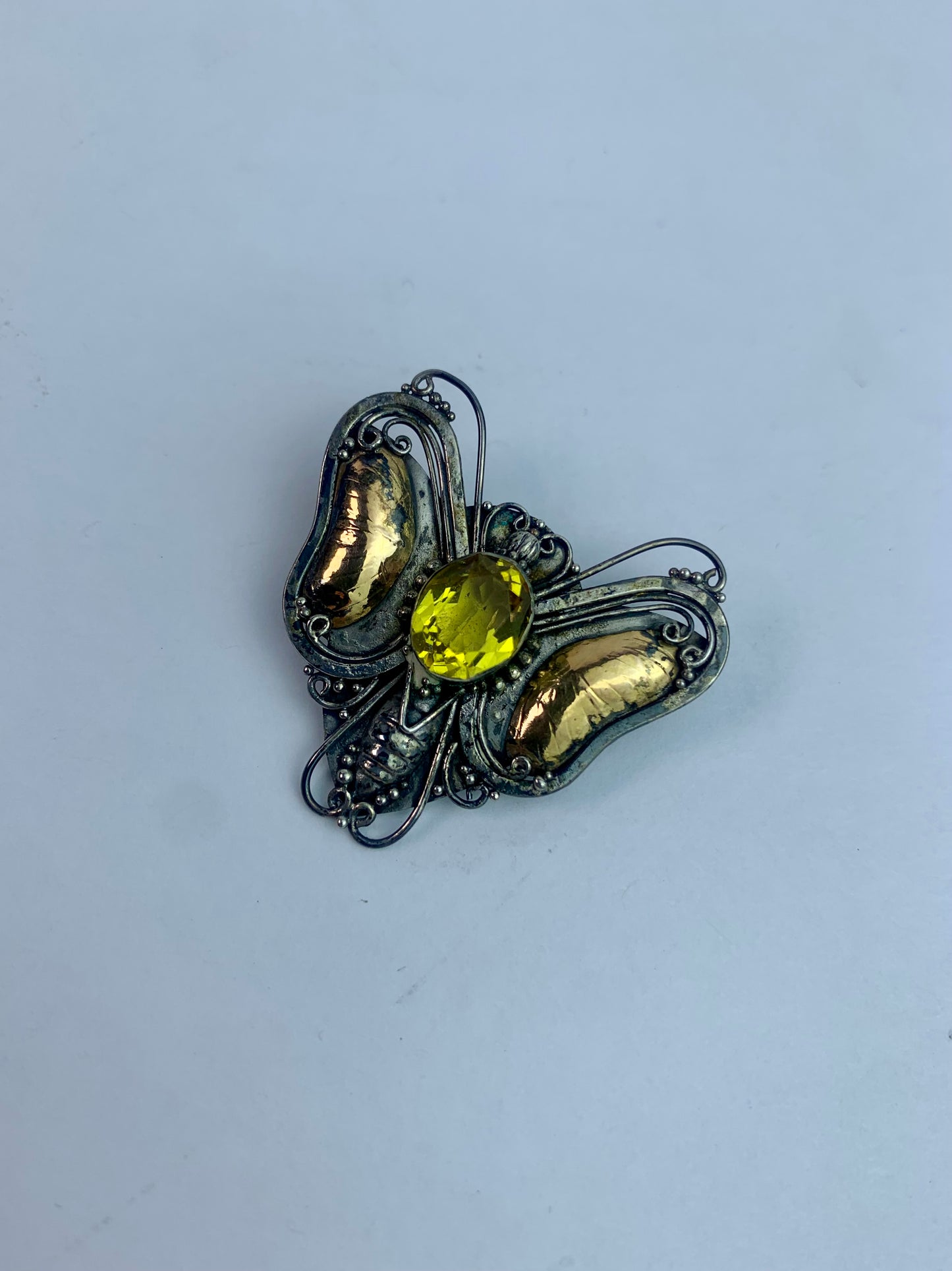 Vintage Jewelry - 925 Silver Brooch - Butterfly - Yellow Cut Glass Rhinestone