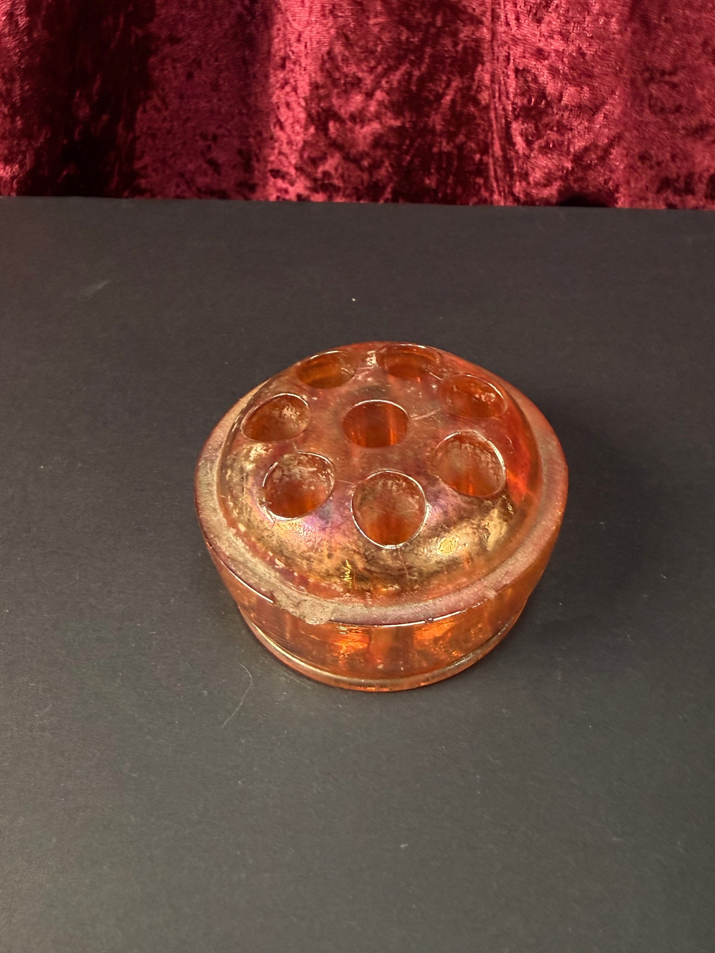 Vintage Carnival Glass Flower Frog – Marigold Iridescent Dome