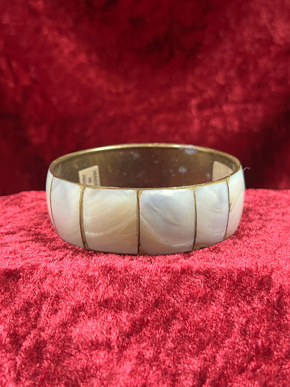 Vintage Jewelry - Chunky Bangle Bracelet - Brass and Mother Of Pearl - Made In India