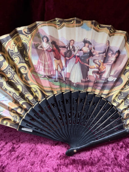 Vintage Mid Century Painted Wood Folding Fan – Double-Sided European Court Scenes