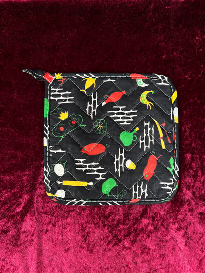 Vintage Cotton Pot Holder Set - Mid Century Barbecue Print in Black