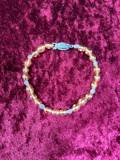 Vintage Jewelry - Bracelet - Silver Tone Metal - Clear Amber Beads - England