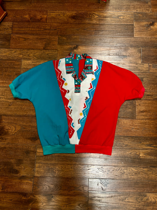 Vintage Color Block Blouse - Southwestern Dolman Sleeve Pullover - Large