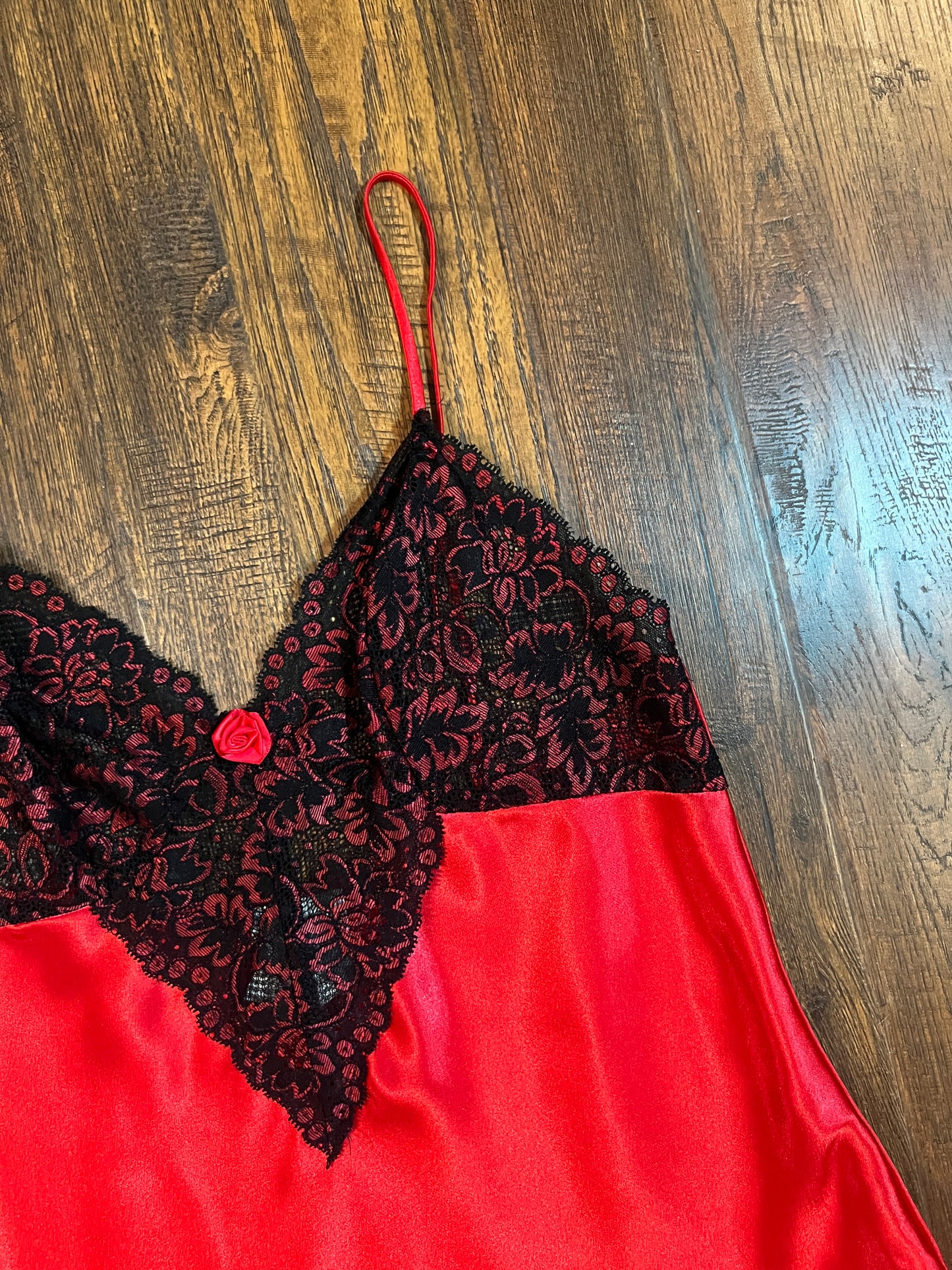 Vintage Clothing - Red Satin with Black Lace Tank & Pant Pajama Set - Secret Treasures - Size Medium