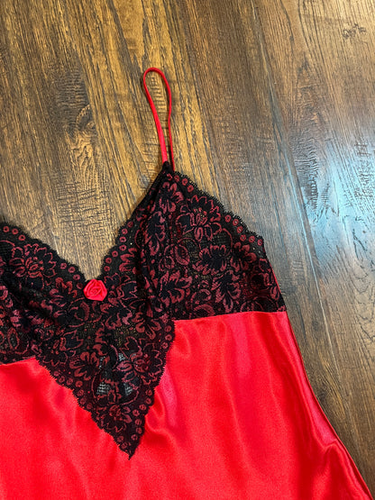 Vintage Clothing - Red Satin with Black Lace Tank & Pant Pajama Set - Secret Treasures - Size Medium