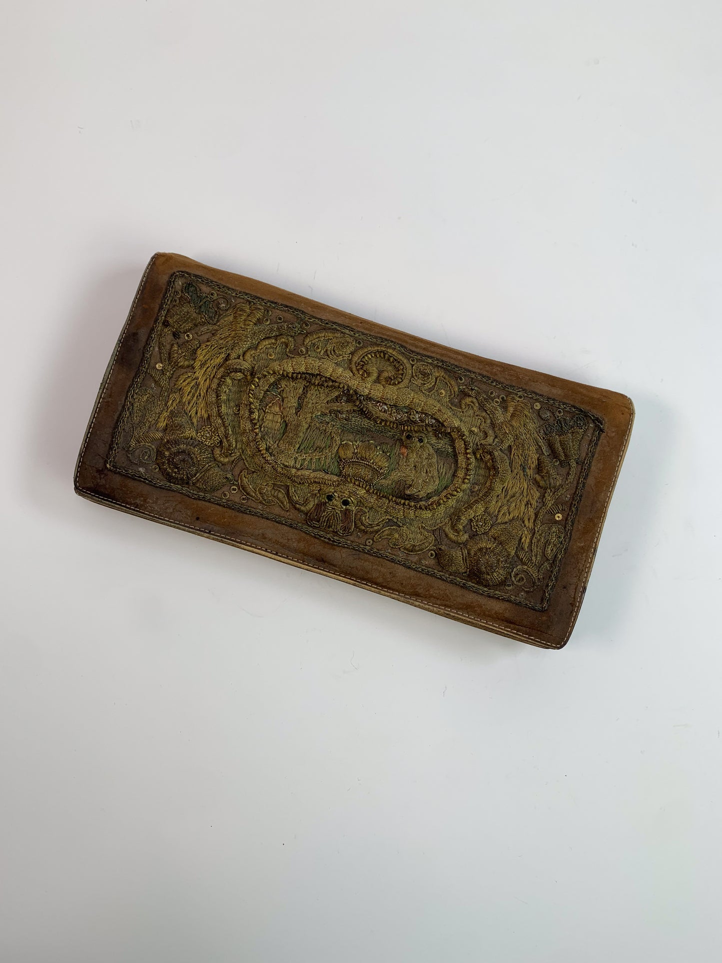 Vintage 3D Embroidered Leather Clutch - Rainforest Scene