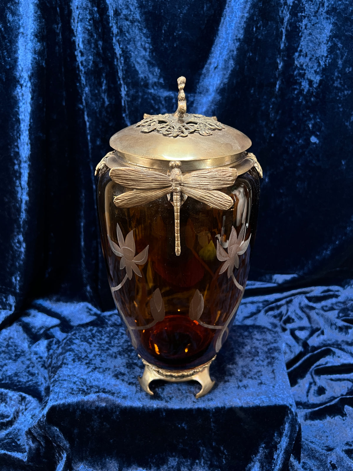 Vintage Art Nouveau Revival Opium Jar - Etched Poppies on Amber Glass - Castilian Poland