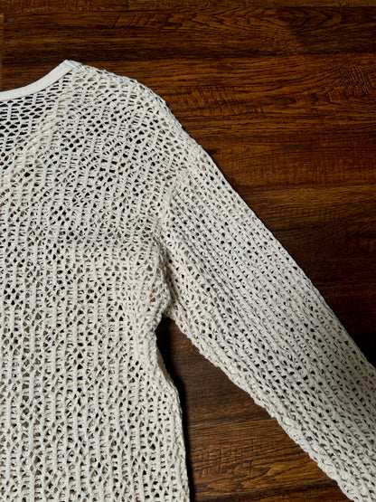 Vintage David Wayne Cotton Crochet Sweater – Ivory Open Knit Floral V-Neck – Medium