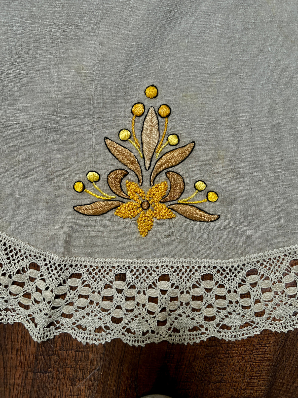 Vintage Circular Linen Table Cover - Harvest Yellow Embroidered Florals Crochet Lace Trim