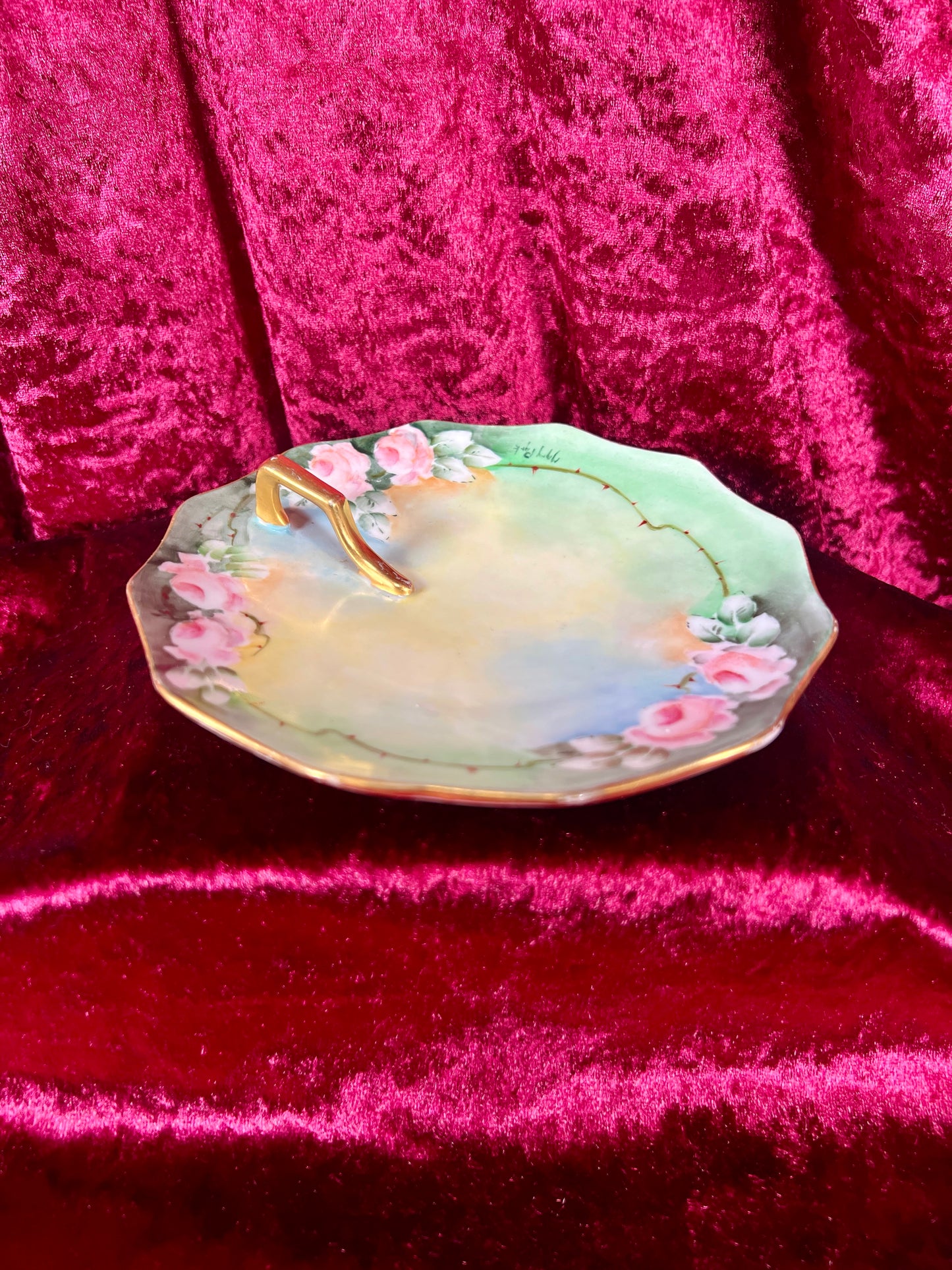 Vintage Trinket Dish - Porcelain Ring Dish / Serving Tray - Hand Painted Roses - Mary Park
