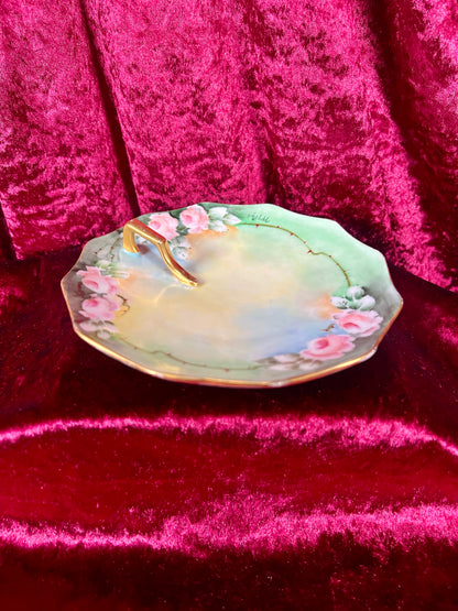 Vintage Trinket Dish - Porcelain Ring Dish / Serving Tray - Hand Painted Roses - Mary Park