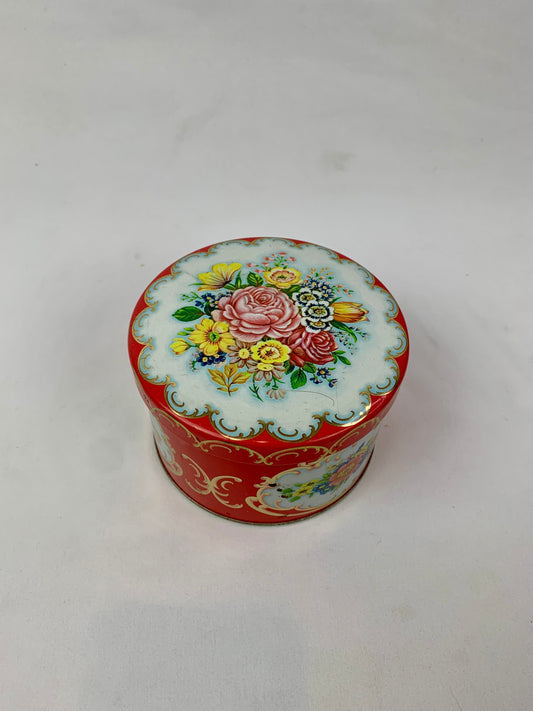 Vintage Daher Decorative Ware New York Red & Gold Floral Lidded Tin - Made In England