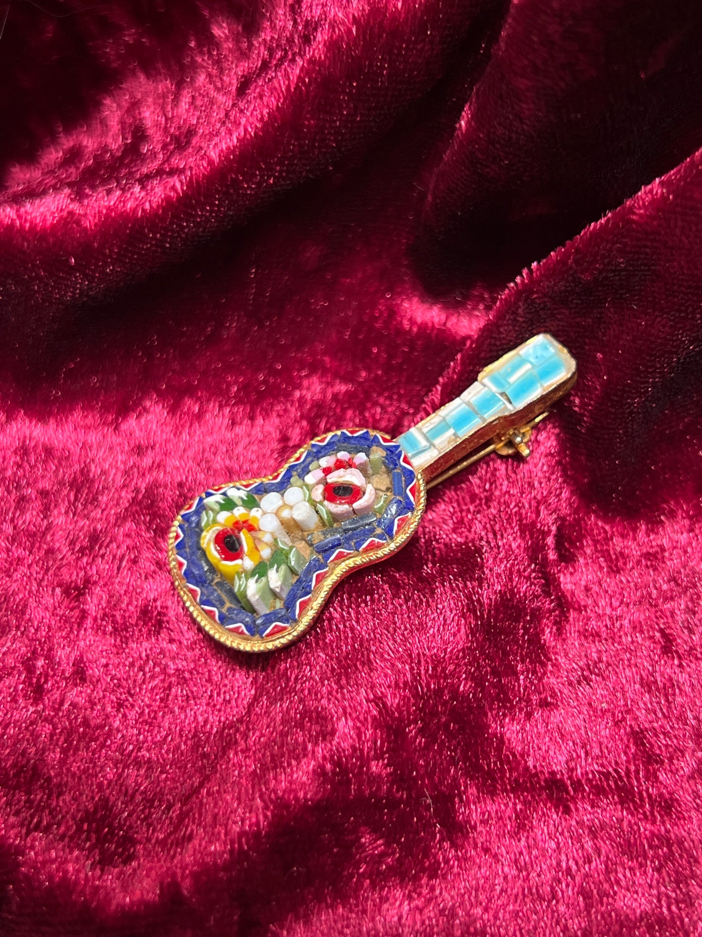 Vintage Jewelry - Brooch - Italian Micro Mosaic - Floral Guitar - Cobalt Blue - Made In Italy