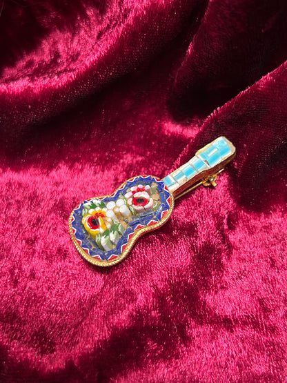 Vintage Jewelry - Brooch - Italian Micro Mosaic - Floral Guitar - Cobalt Blue - Made In Italy