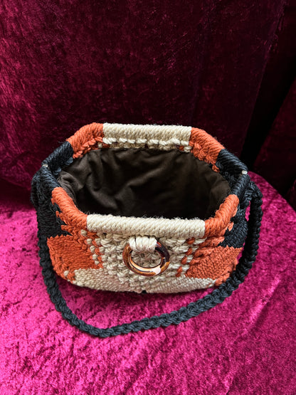 Vintage 1970s Frame Top Macramé Shoulder Bag – Geometric Earth Tones Pattern - Marbella