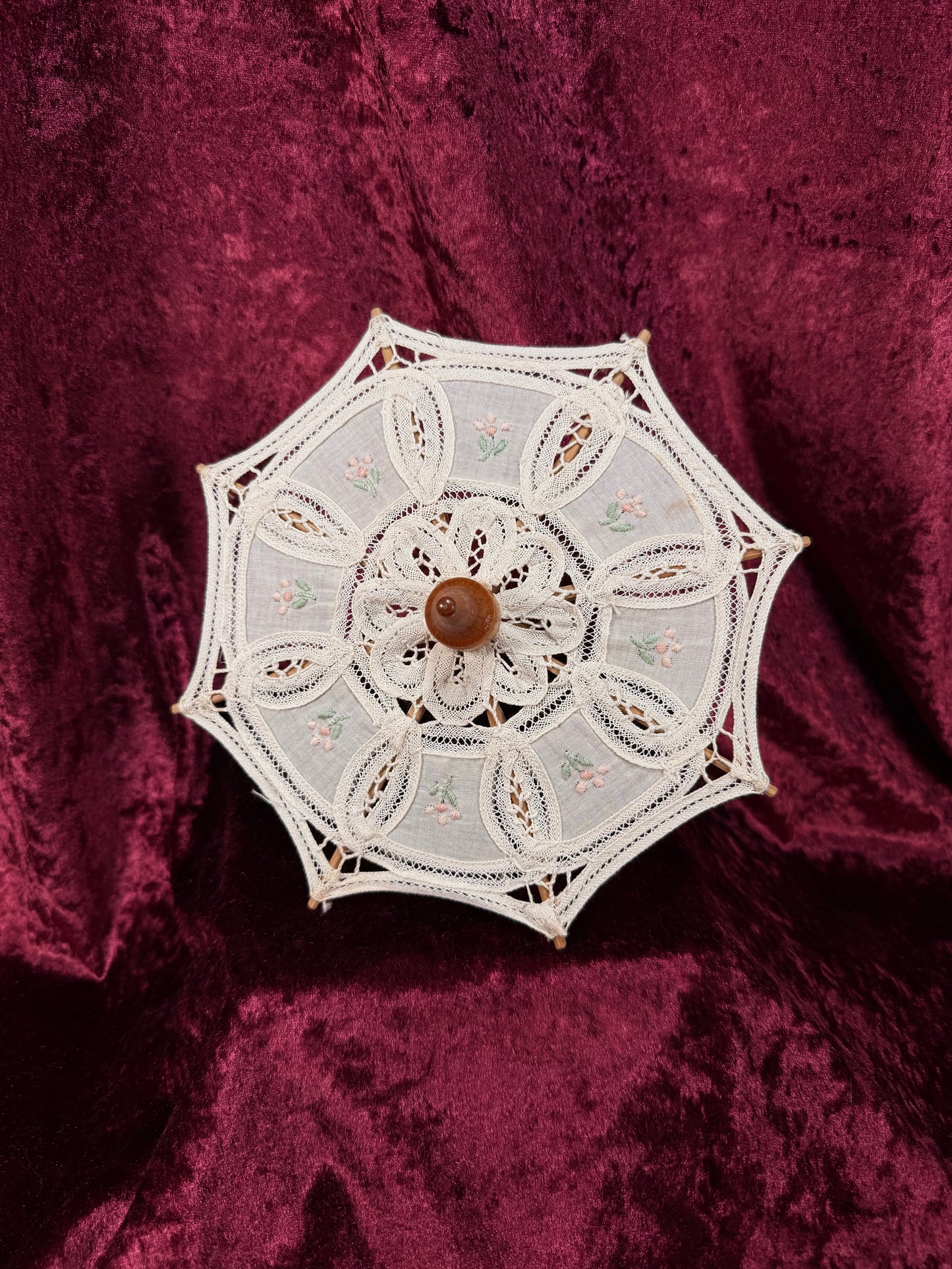 Vintage Miniature Parasol – Hand Embroidered Rossettes with Lace Accents