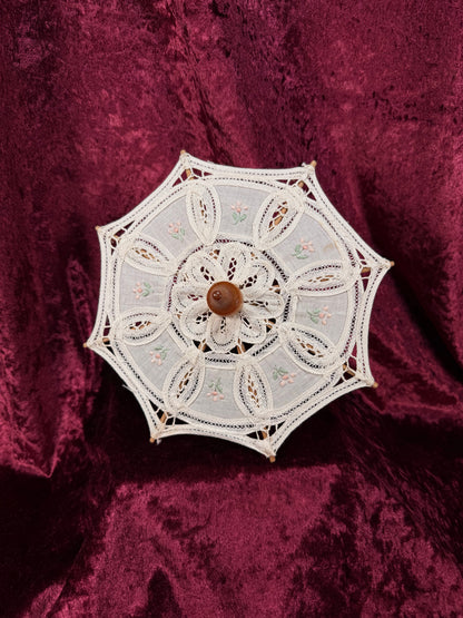 Vintage Miniature Parasol – Hand Embroidered Rossettes with Lace Accents