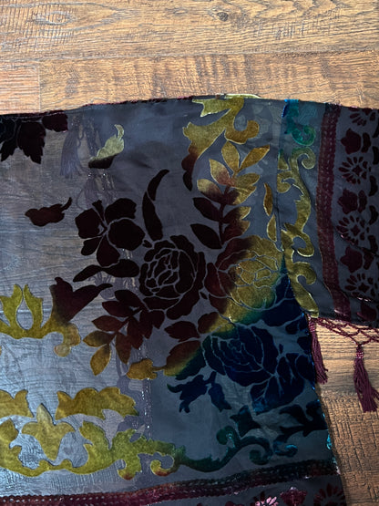 Vintage Velvet Burnout Shawl - Jewel Tone Floral Beaded Fringe Wrap - Size Small