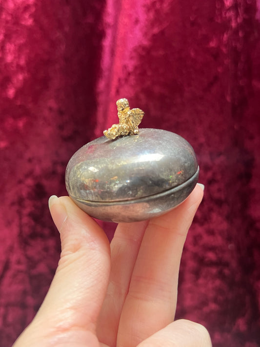 Vintage Trinket Box - Silver Plated Baby Teeth Keepsake - Gold Sitting Cherub