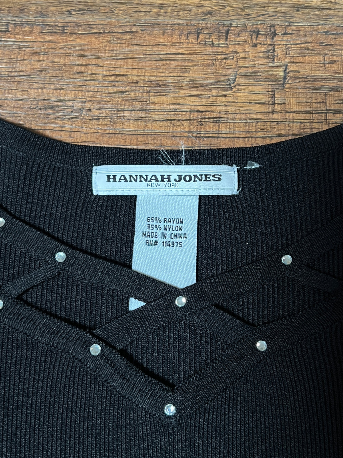 Vintage Hannah Jones Knit Top - Black Rhinestone Lattice Neckline - Medium