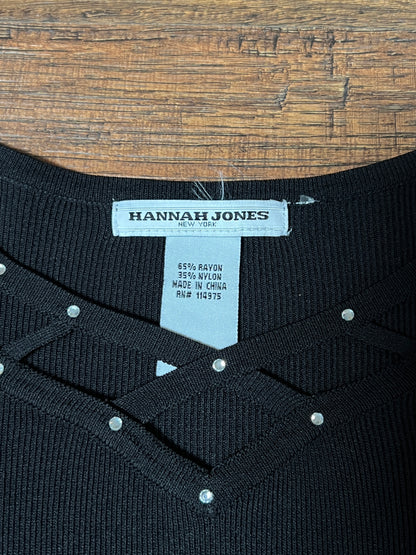 Vintage Hannah Jones Knit Top - Black Rhinestone Lattice Neckline - Medium