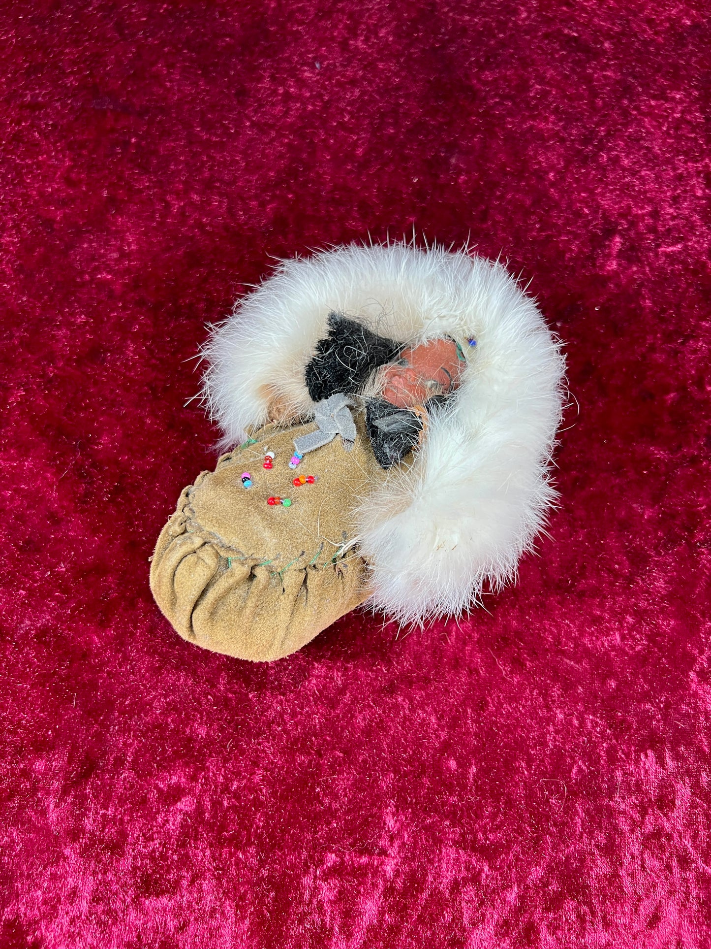 Vintage Souvenir Doll – Baby In Leather Moccasin with Rabbit Fur Trim