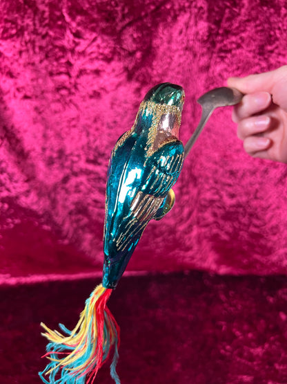 Vintage Christmas - Glass Clip-On Ornament - Teal Blue Parrot with Feather Tail