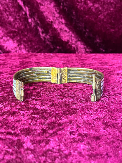 Vintage Jewelry - Chunky Bangle Bracelet - Brass with Inlaid Abalone Shell - Hinged Pin Closure