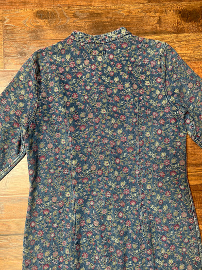 Vintage Clothing - Jacket - Blue Floral Denim Button Up Jacquard Long Shirt Dress - The Territory Ahead - Size 12