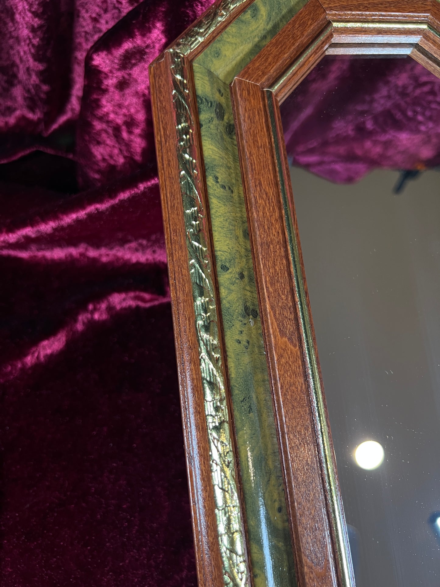 Vintage Wood Wall Mirror - Octagonal Faux Burlwood Accent Frame