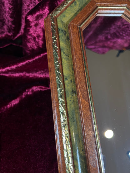 Vintage Wood Wall Mirror - Octagonal Faux Burlwood Accent Frame