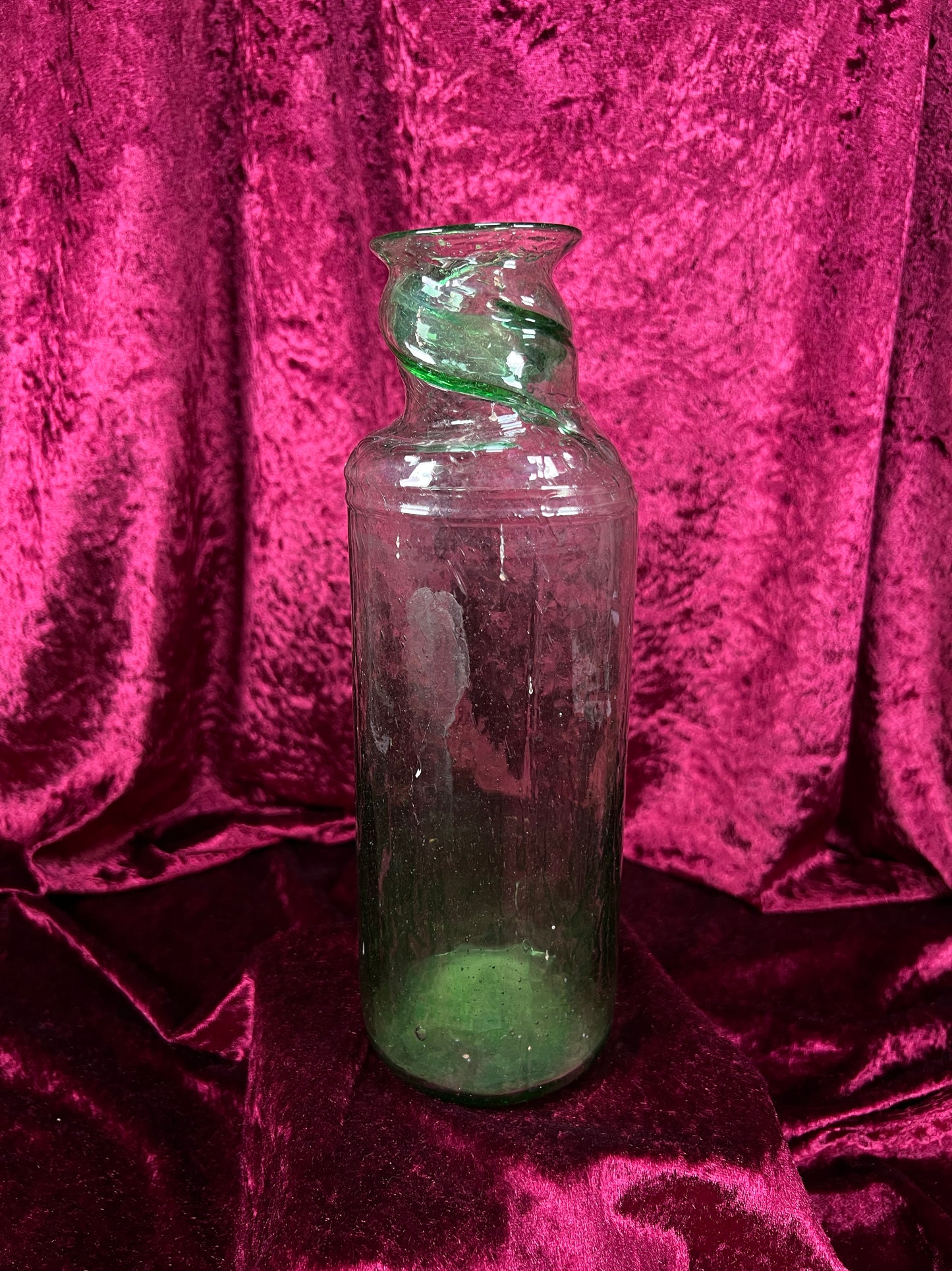 Vintage Hand Blown Green Glass Bottle - Twisted Rim Open Mouth Vase